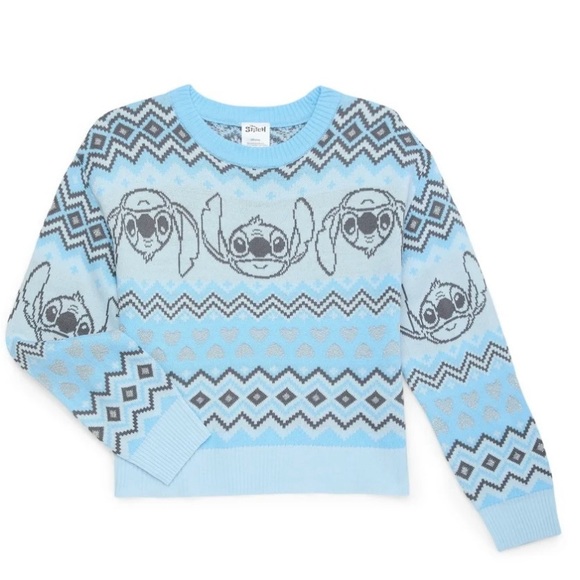 Disney Stitch Girls Metallic Blue Sweater Lurex Holiday Sweater - Picture 7 of 7